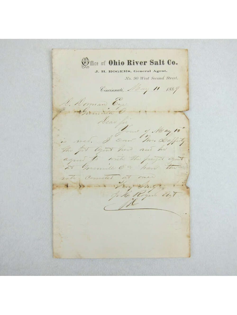 Antique 1869 Ohio River Salt Co. Cincinnati Ohio J.H. Rogers Handwritten Letter